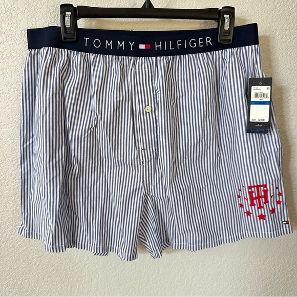 Tommy Hilfiger Blue and White Striped 100% Cotton Boxer Shorts Underwear - Picture 1 of 6